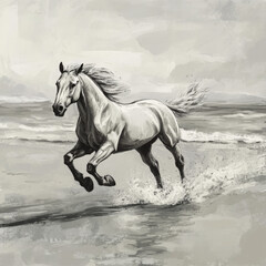 A horse runs along the beach, its mane flowing in the wind, waves crashing nearby under a cloudy sky.