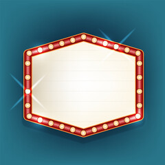 Vector retro wall illuminated board. Hanging empty neon sign or vintage blank signboard for entertainment show advertising. Casino and cinema, movie and theater signage background. Lighted billboard.