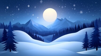 Serene winter landscape under a full moon with starry sky and snow-covered mountains
