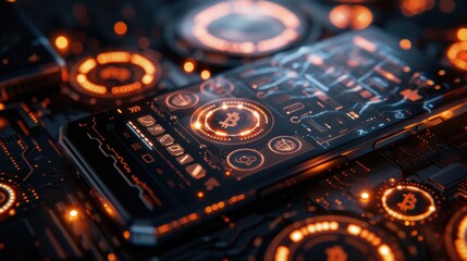 Sleek Financial Ad: Smartphone with Mobile Banking App and Glowing Cryptocurrency Icons