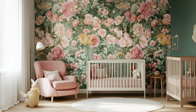 3D wallpaper for a baby girl's room with a floral pattern, in pastel pink and beige colors, in a vintage style - Powered by Adobe