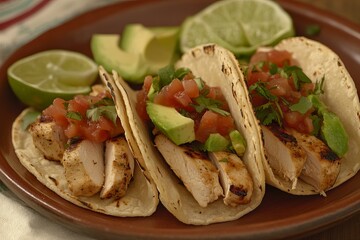 Delicious Grilled Chicken Tacos with Fresh Pico de Gallo Avocado Slices and Lime Wedges Perfect Mexican Food Cuisine Recipe Tasty Dinner Idea meal    