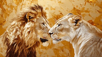 Golden tones capturing lion and lioness in tender embrace high resolution image