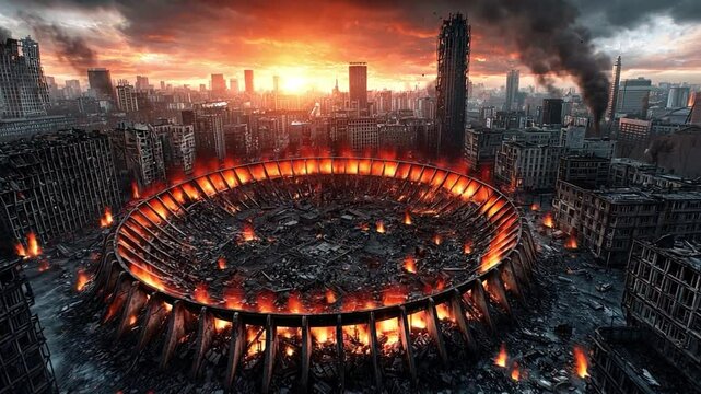 Dramatic footage of a colossal ruined stadium, where rival survivor factions clash for scarce resources amid chaos.