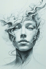 Black and white portrait of a woman with artistic smoke rising from her head, emotional expression, abstract graphic elements and surreal mood