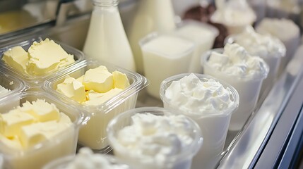 Cool clean display featuring milk yogurt and butter all in transparent containers highlighting the purity and freshness of dairy products