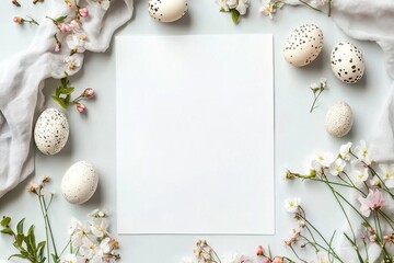 Blank white card with speckled Easter eggs and cherry blossoms Background. AI generated image