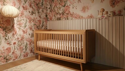 A baby girl's nursery with pink floral wallpaper, pastel colors, a white vintage-style wooden floor, and light oak furniture