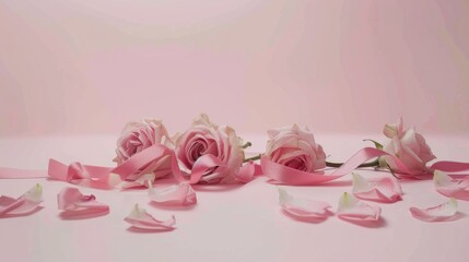 Minimalist pink wedding invitation mockup with elegant roses, delicate petals, and a subtle ribbon border on a pastel background, celebrating femininity and grace for International Women's Day.