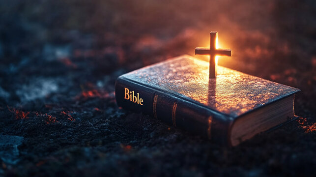 Bible placed at the base of a cross, glowing softly, symbolizing the foundation of Christian faith