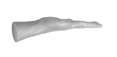 Elderly hand flat, palm outstretched in a salute or chop motion. Fingers extended horizontally,...