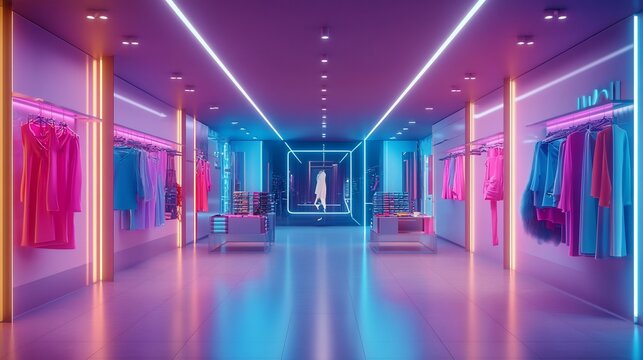 Neon-lit fashion store interior