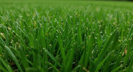 Obraz premium Close-up Green Grass Blades with Water Droplets in Soft Lighting