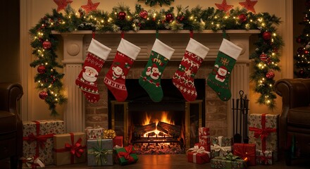 Naklejka premium Christmas Stockings Hanging Over Fireplace with Glowing Lights and Presents