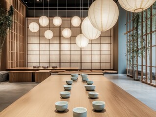 Modern minimalist interior design featuring paper lanterns and wooden decor