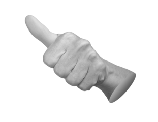 Elderly hand giving a thumbs up gesture, symbolizing approval and success. Wrinkled, aged fingers in biometric authentication pose. Close up of thumb, grayscale with floating effect. Isolated on white