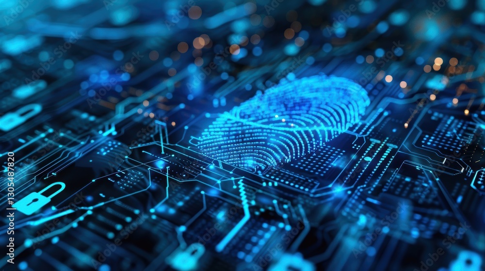 Poster advanced biometric cybersecurity concept with glowing blue fingerprint and encrypted patterns