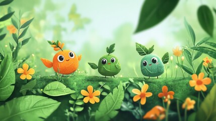 Cute Cartoon Birds in a Colorful Lush Green Forest Landscape