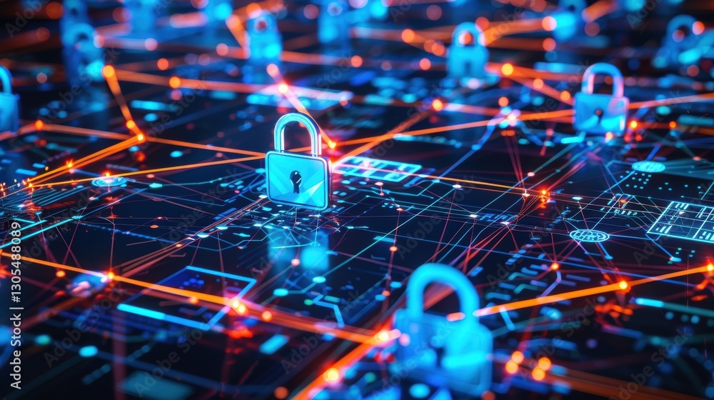 Poster futuristic cybersecurity network with digital shields and interconnected padlocks