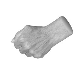 Elderly hand forming a clenched fist, symbolizing strength and power. Slightly curled fingers with visible wrinkles and veins, showcasing aged skin texture. Close up in black and white, isolated on