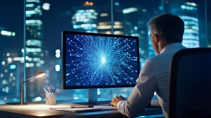 Business professional analyzing data visualizations at night in a city skyline office