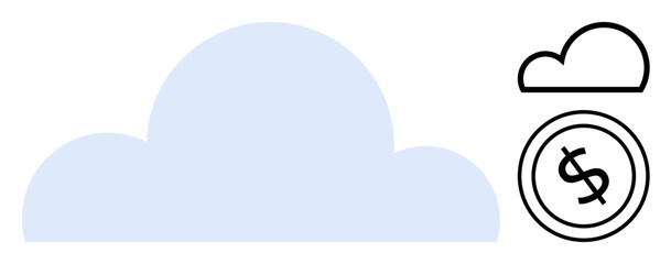 Blue cloud graphic paired with coin marked by dollar sign representing cloud-based financial systems. Ideal for technology, finance, savings, cloud storage, data solutions, digital economy