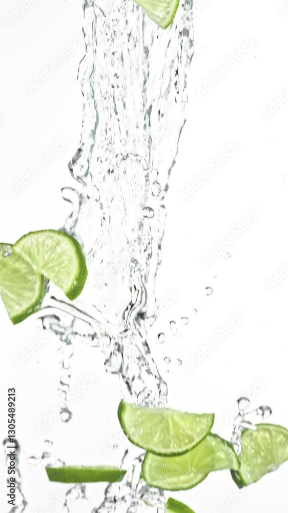 Fototapete Super Slow Motion of Flying Lime Slices in Water Splashes, White Background. Filmed on High Speed Cinema Camera, 1000 fps. Vertical Aspect Ratio. Speed Ramp Effect.