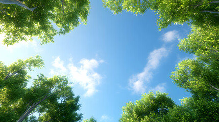 Obraz premium A serene view of the sky surrounded by lush green trees, creating a peaceful atmosphere. Ideal for nature lovers, environmental themes, and relaxation concepts.