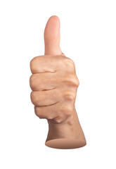 Elderly hand making a thumbs up gesture, symbolizing approval and success. Wrinkled, aged fingers in positive agreement pose. Close up with floating effect. Isolated on white background.