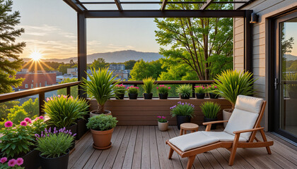 Minimalistic rooftop garden at sunset with potted plants and modern lounge chair, sustainable urban living