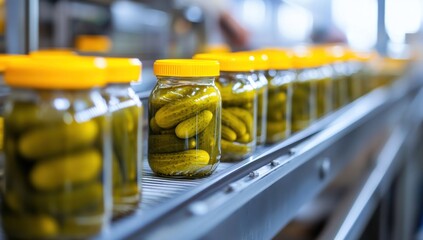 Pickles Production Line: Jars of Dill Pickles Moving on Conveyor Belt in a Food Factory