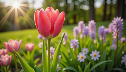 Fototapeta premium Vibrant tulip blooming in sunlight among soft-focus flowers and lush greenery, celebrating Spring Equinox