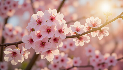 Naklejka premium Single cherry blossom branch adorned with pink and white flowers, softly glowing in morning light, capturing the beauty of Spring Equinox