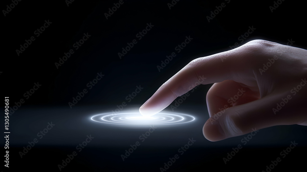 Poster a close-up of a human finger gently touching a glowing circular light, symbolizing interaction with 