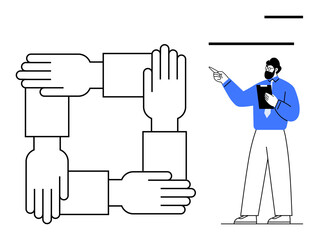 Four hands interlocked symbolizing unity and teamwork paired with a business professional lecturing. Ideal for leadership, collaboration, unity, strategy, guidance, teamwork, engagement. Flat simple