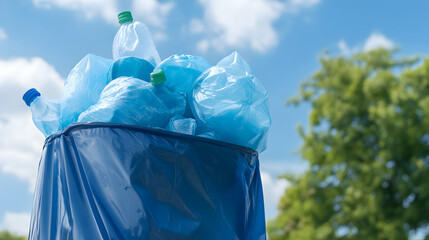 A close-up view of a recycling bin filled with blue plastic bags and bottles