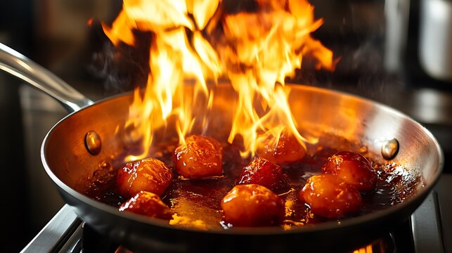 Dramatic flamb moment with flames rising around caramelized fruit in a saut pan emphasizing heat motion and show stopping culinary flair