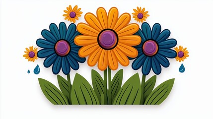 Pixel Art Blue and Orange Daisies with Green Leaves
