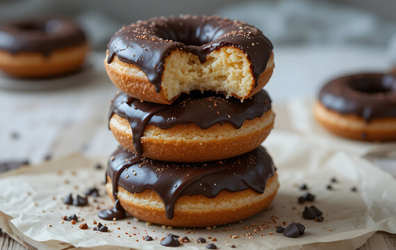 lucious donuts stacked on top of each other they are dark chocolate slightly melting
