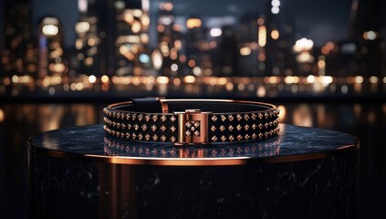 Luxury Studded Black Leather Bracelet on Marble Pedestal with Cityscape Background