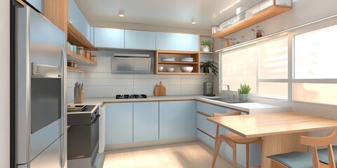 A modern bright and airy kitchen with dining area