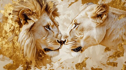 Lion and lioness in golden tones embraced with majesty high resolution picture