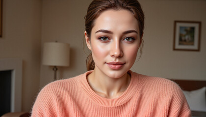 Young woman wearing a peach sweater in a cozy indoor setting, evoking warmth and comfort