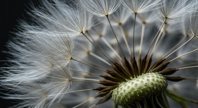 Close-up of Dandelion Seed Head with White Fluff Against Dark Background