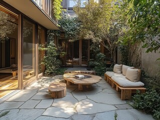 Fototapeta premium Outdoor patio area featuring wooden furniture and natural foliage decor