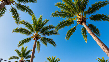 Towering palm trees with vibrant green leaves under a clear blue sky