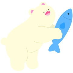 playful polar bear cub catching a fish, cute Arctic wildlife flat vector illustration