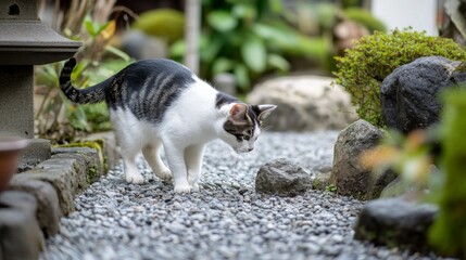 Cat Exploring Japanese Garden Path