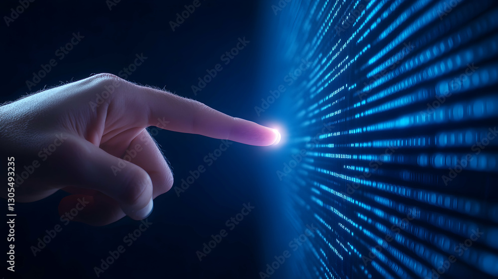 Poster a close-up of a human finger poised to press against a glowing point of digital data streams, symbol