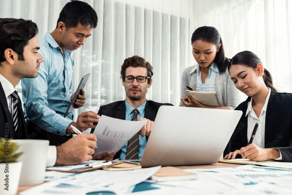 Poster diverse group of business analyst team analyzing financial data report paper on office table. chart 